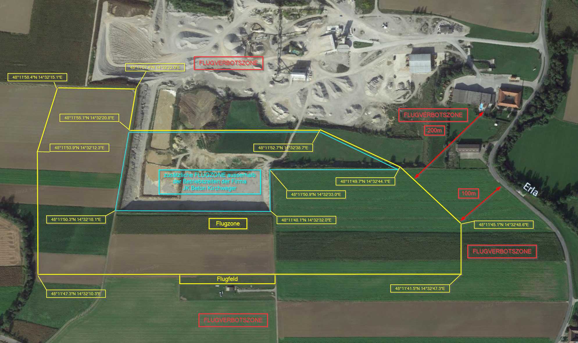 Luftbild vom Flugplatz mit eingezeichneten Fluggrenzen inkl. GPS-Koordinaten