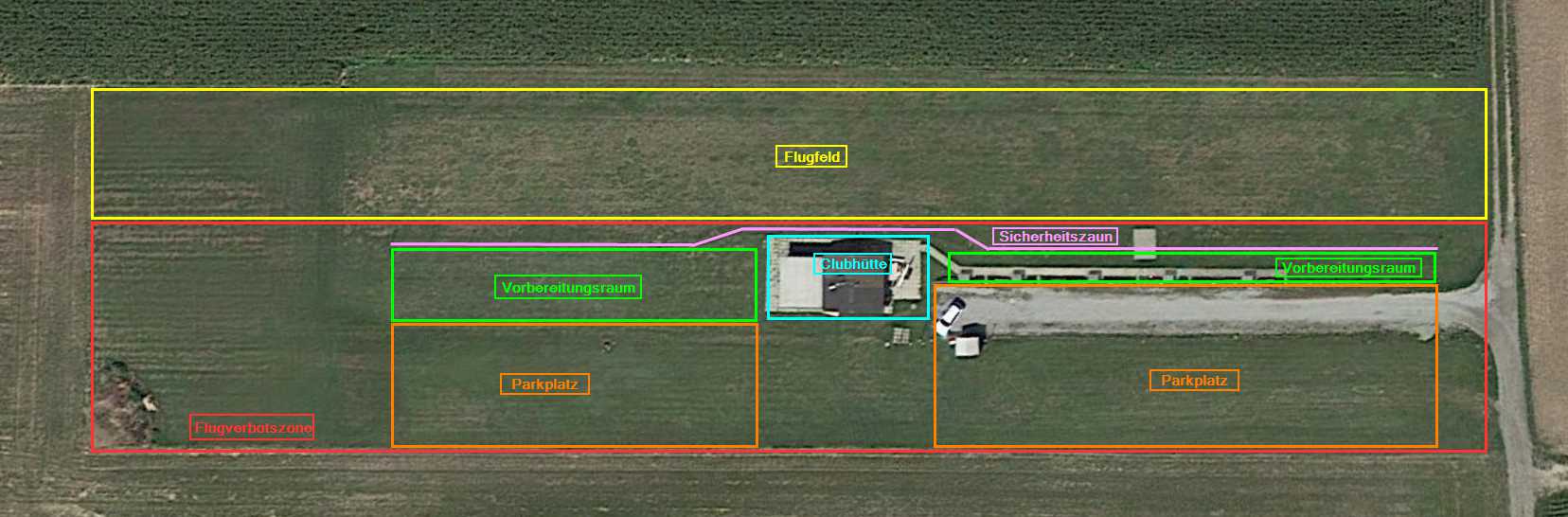 Luftbild vom Flugplatz mit eingezeichneten Zonen: Flugzone, Flugverbotszone, Vorbereitungsräume, Parkplätze